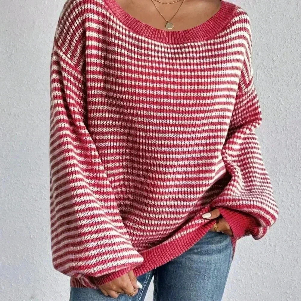 Pink Casual Women's Striped Printed Turtleneck Pullover Sweater